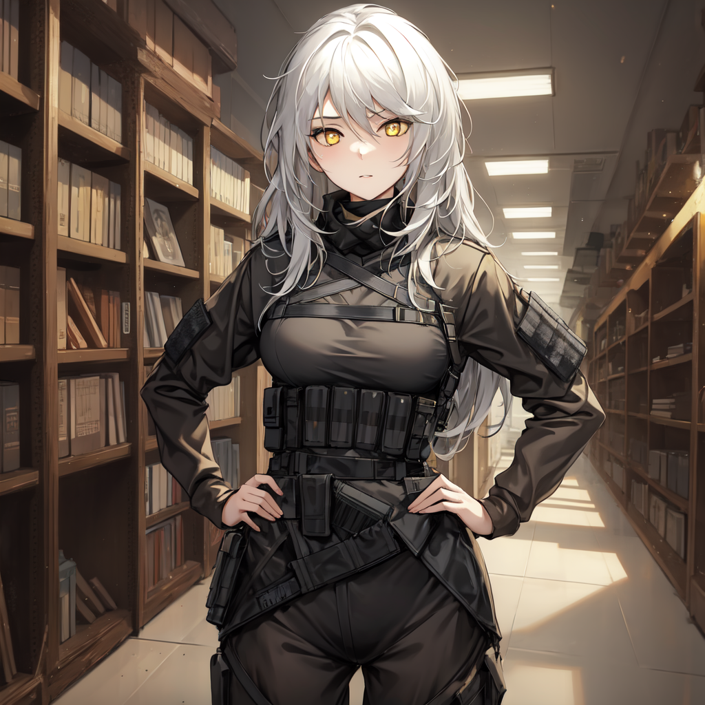 79829-1027137559-masterpiece, best quality,1girl,hand on hip,tactical clothes, white hair, yellow eyes, library,.png